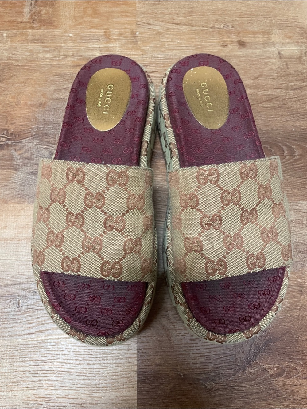 Gucci Beige & Burgundy GG Canvas Slide Mules